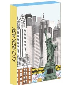 Pen-set case of New York City 8-Pen Set, featuring artwork of New York's Statue of Liberty, with sky scrapers and yellow taxis. Published by teNeues Stationery.