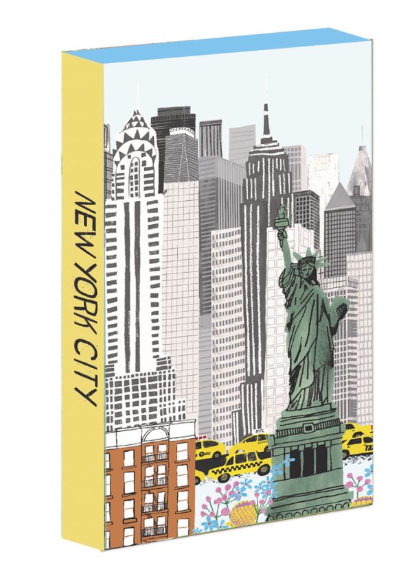 Pen-set case of New York City 8-Pen Set, featuring artwork of New York's Statue of Liberty, with sky scrapers and yellow taxis. Published by teNeues Stationery.