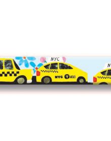 Pen-set case of New York City 8-Pen Set, featuring artwork of New York's Statue of Liberty, with sky scrapers and yellow taxis. Published by teNeues Stationery.