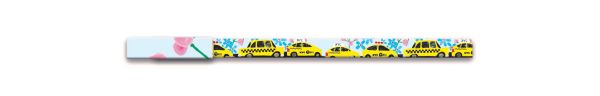 Pen-set case of New York City 8-Pen Set, featuring artwork of New York's Statue of Liberty, with sky scrapers and yellow taxis. Published by teNeues Stationery.