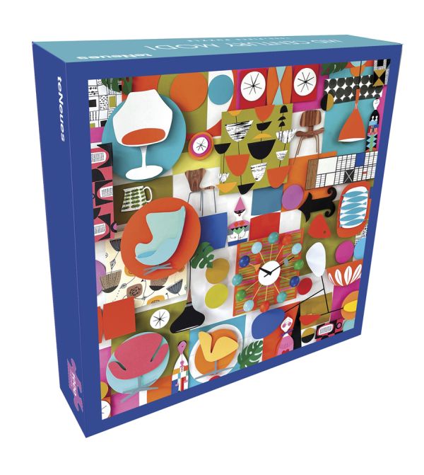 Puzzle box cover of Mid-Century Mod! 1000-Piece Puzzle, featuring Shelley Davis's bold modern furniture design artwork. Published by teNeues Stationery.