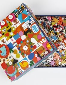 Shelley Davis's bold modern furniture design graphic, to cover of puzzle box by teNeues Stationery.