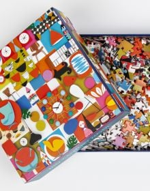 Puzzle box cover of Mid-Century Mod! 1000-Piece Puzzle, featuring Shelley Davis's bold modern furniture design artwork. Published by teNeues Stationery.