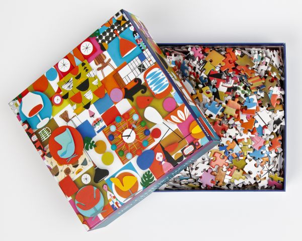 Puzzle box cover of Mid-Century Mod! 1000-Piece Puzzle, featuring Shelley Davis's bold modern furniture design artwork. Published by teNeues Stationery.