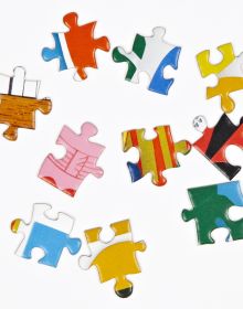 Puzzle box cover of Mid-Century Mod! 1000-Piece Puzzle, featuring Shelley Davis's bold modern furniture design artwork. Published by teNeues Stationery.