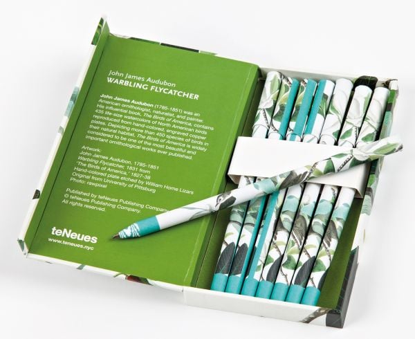 Pen-set box cover of Warbling Flycatcher, James Audubon 8-Pen Set, with painting of two birds in tree. Published by teNeues Stationery.