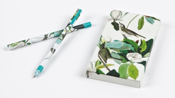 Pen-set box cover of Warbling Flycatcher, James Audubon 8-Pen Set, with painting of two birds in tree. Published by teNeues Stationery.