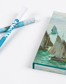 Impressionist artwork on pen-set case of 'Fishing Boats, Claude Monet 8-Pen Set', by teNeues Stationery.