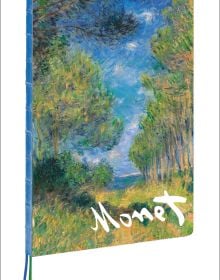Notebook cover of Pine Tree Path, Claude Monet A4 Notebook, with impressionist artwork of trees and blue sky. Published by teNeues Stationery.