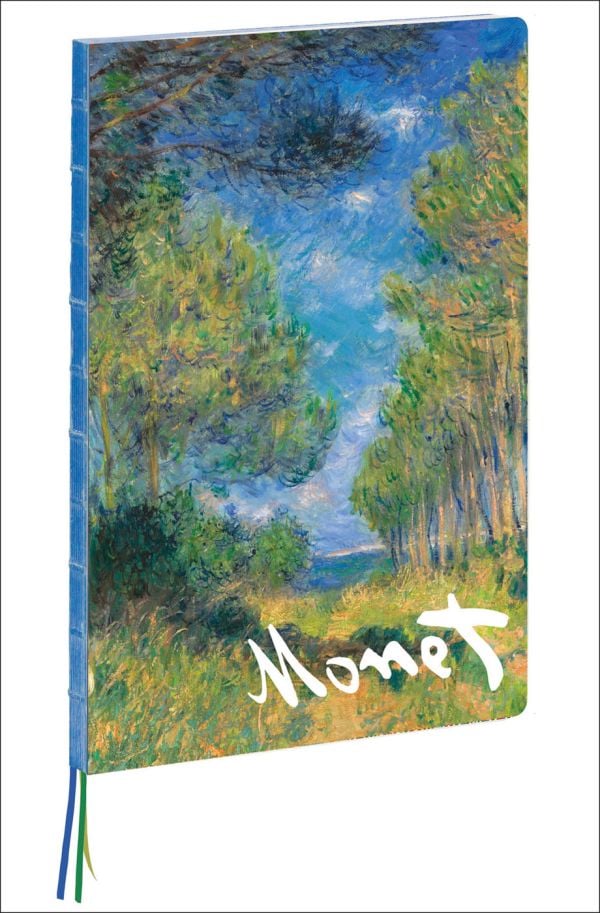 Notebook cover of Pine Tree Path, Claude Monet A4 Notebook, with impressionist artwork of trees and blue sky. Published by teNeues Stationery.