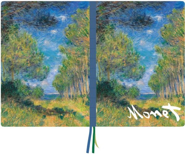 Notebook cover of Pine Tree Path, Claude Monet A4 Notebook, with impressionist artwork of trees and blue sky. Published by teNeues Stationery.