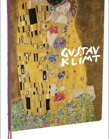 Bright symbolist artwork of lovers in embrace, on cover of 'The Kiss, Gustav Klimt A4 Notebook', by teNeues Stationery.