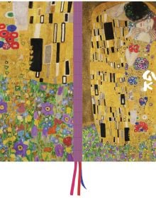 Bright symbolist artwork of lovers in embrace, on cover of 'The Kiss, Gustav Klimt A4 Notebook', by teNeues Stationery.