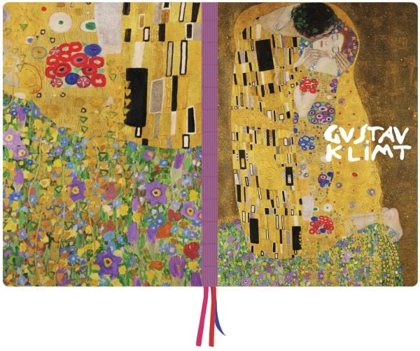 Notebook cover of The Kiss, Gustav Klimt A4 Notebook, with a bright symbolist artwork of lovers in embrace. Published by teNeues Stationery.