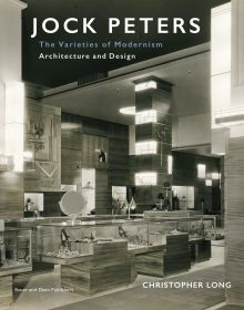 Book cover of Jock Peters, Architecture and Design, The Varieties of Modernism, with a jewelry department store outfit with illuminated square sections. Published by Bauer and Dean Publishers.