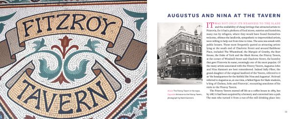 Book cover of Fitzrovia, 1900-1950: An Artist's Domain: featuring artists sitting around a table drinking. Published by Artmonsky Arts.