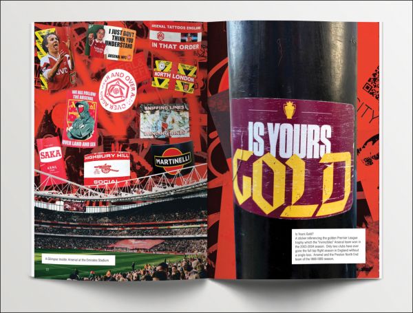 Book cover of TIFO: The Art of Football Fan Stickers, featuring football related stickers including one with Arsenal player Gabriel Jesus. Published by Soi Books.