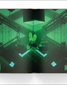 Book cover of Book_Title_Goes_Here: 25 years of deadmau5, featuring a red mouse face. Published by Soi Books.