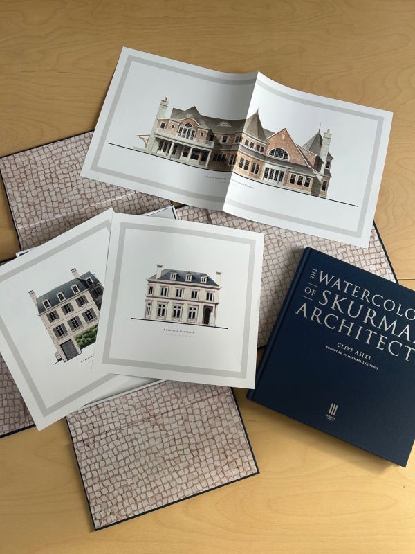 Book cover of The Watercolors of Skurman Architects; featuring the facade of a building with an arch window. Published by Triglyph Books.