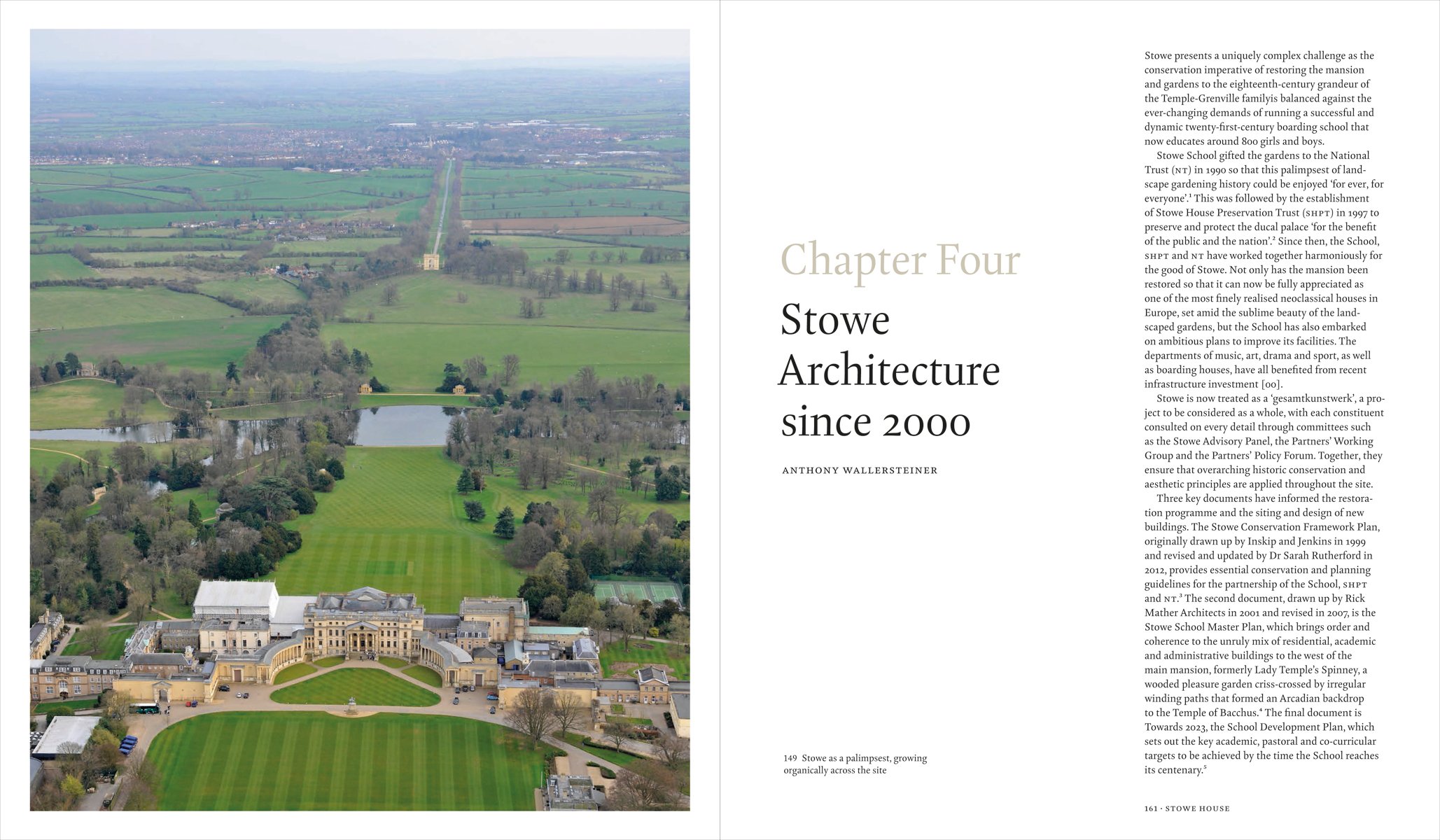 Steps up to Stowe House with bronze Lion statue in foreground, Stowe House in white font on blue sky