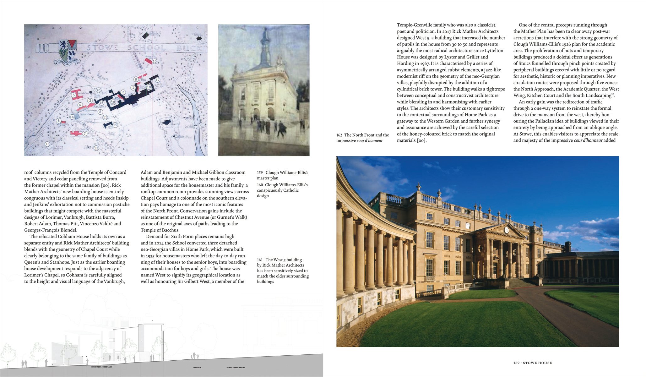 Steps up to Stowe House with bronze Lion statue in foreground, Stowe House in white font on blue sky