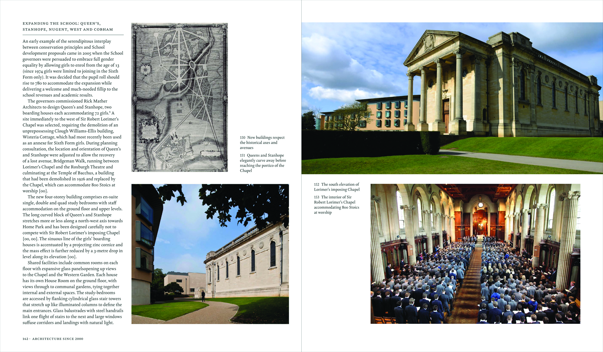 Steps up to Stowe House with bronze Lion statue in foreground, Stowe House in white font on blue sky