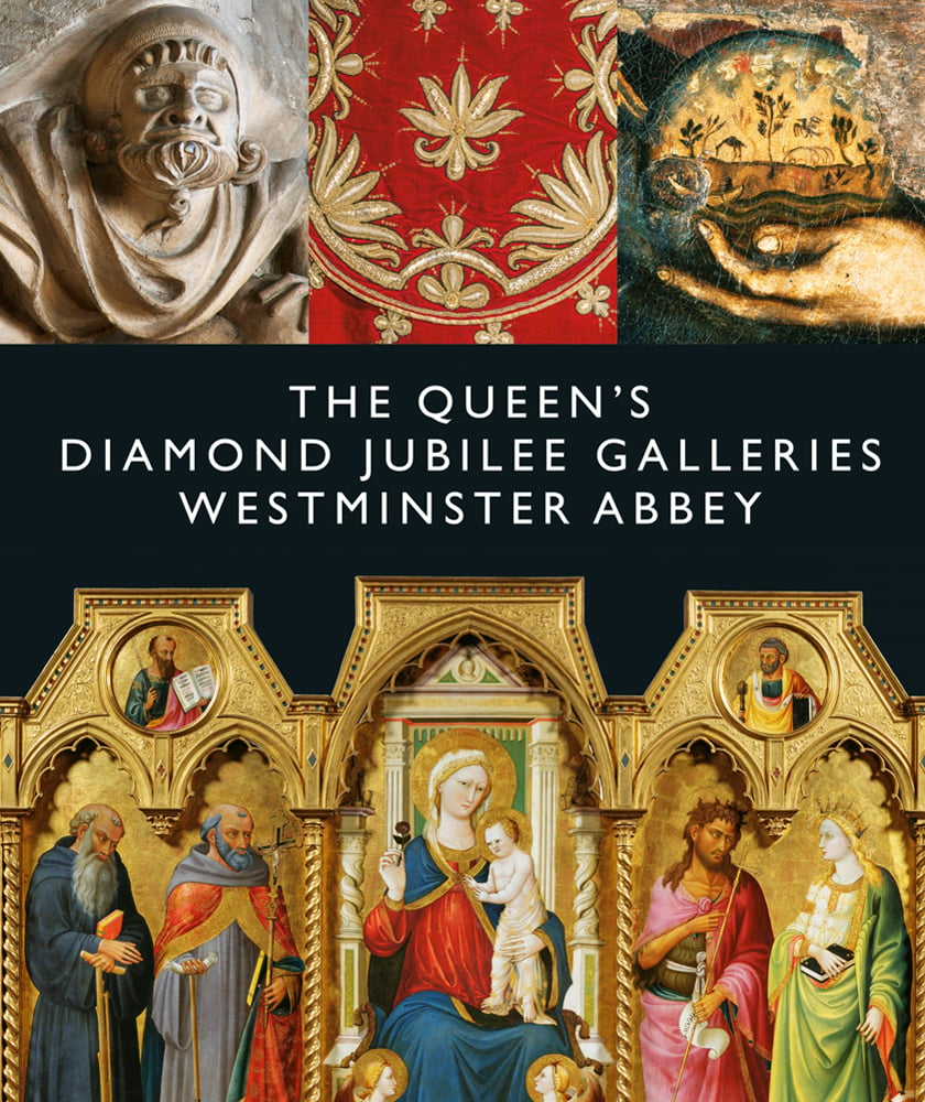 Illuminated gold manuscripts, carved stone face, The Queen's Diamond Jubilee Galleries in white font on navy central banner