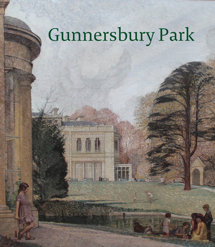 Painting of Gunnersbury Park, landscape trees, figures sitting on grass near lake, Gunnersbury Park in green font above