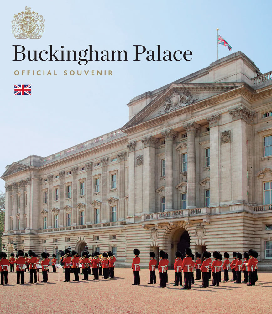 Front of Buckingham Palace, Union Jack flying, changing of guard, Buckingham Palace Official Souvenir in black and gold font above