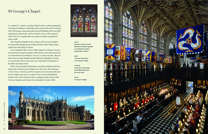 Windsor castle under blue sky, Royal Standard flown above, Windsor Castle OFFICIAL SOUVENIR in navy and gold font to upper left, royal crest above