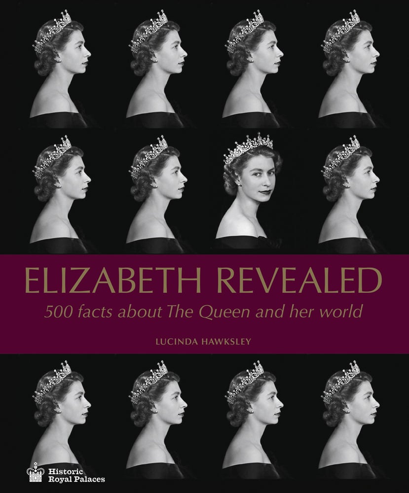 12 side view photos of Queen Elizabeth II, one turning to camera, on black cover, Elizabeth Revealed in gold font on purple central banner