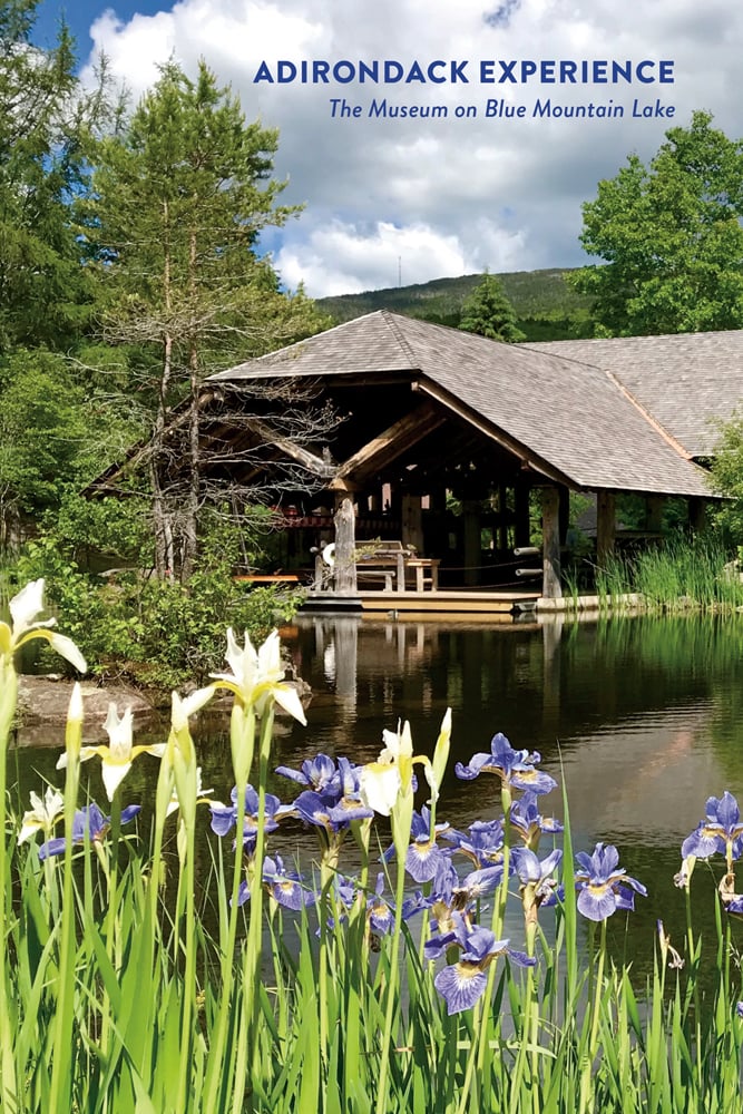 Open fronted building with lake, blue iris' in foreground, Adirondack Experience in blue font above