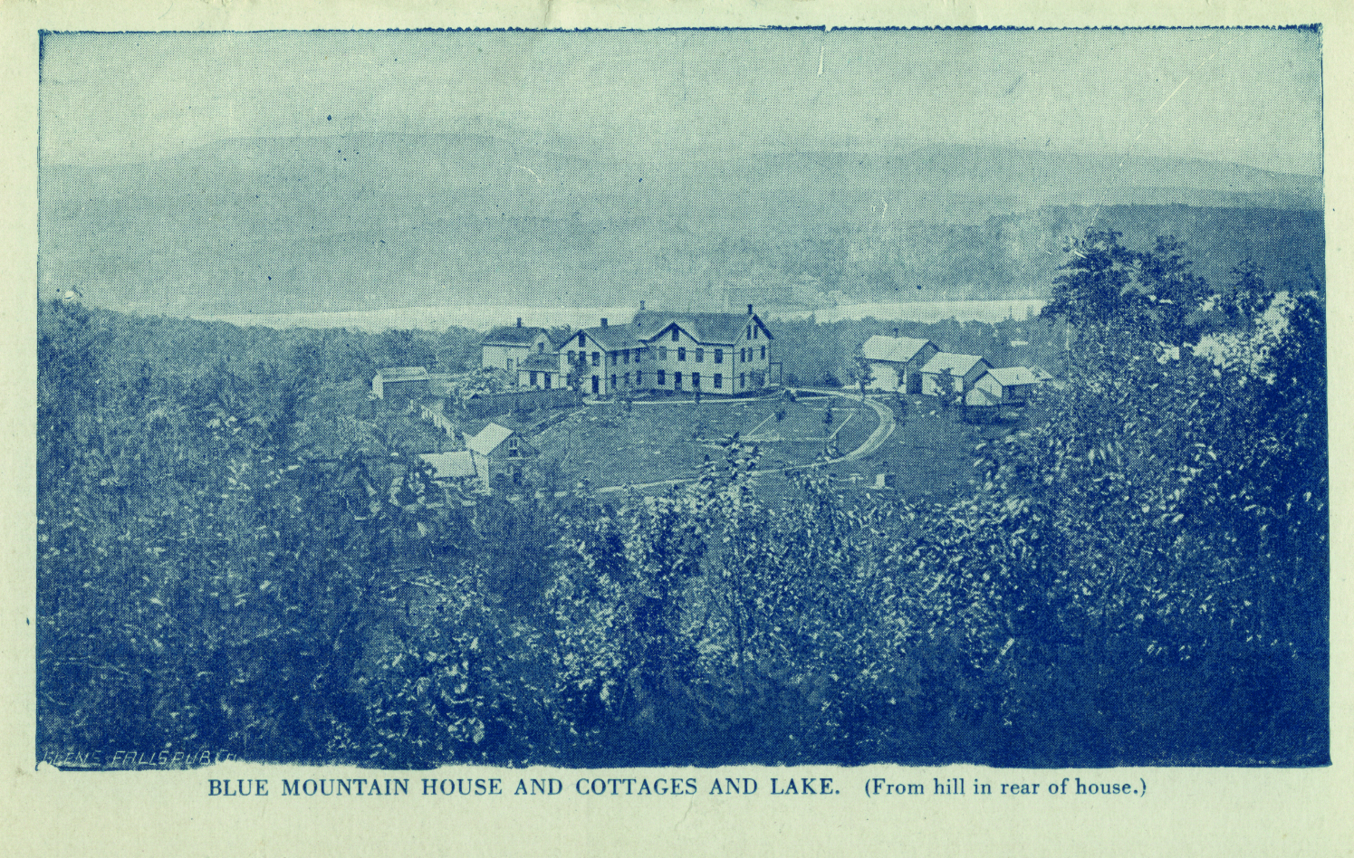 Open fronted building with lake, blue iris' in foreground, Adirondack Experience in blue font above