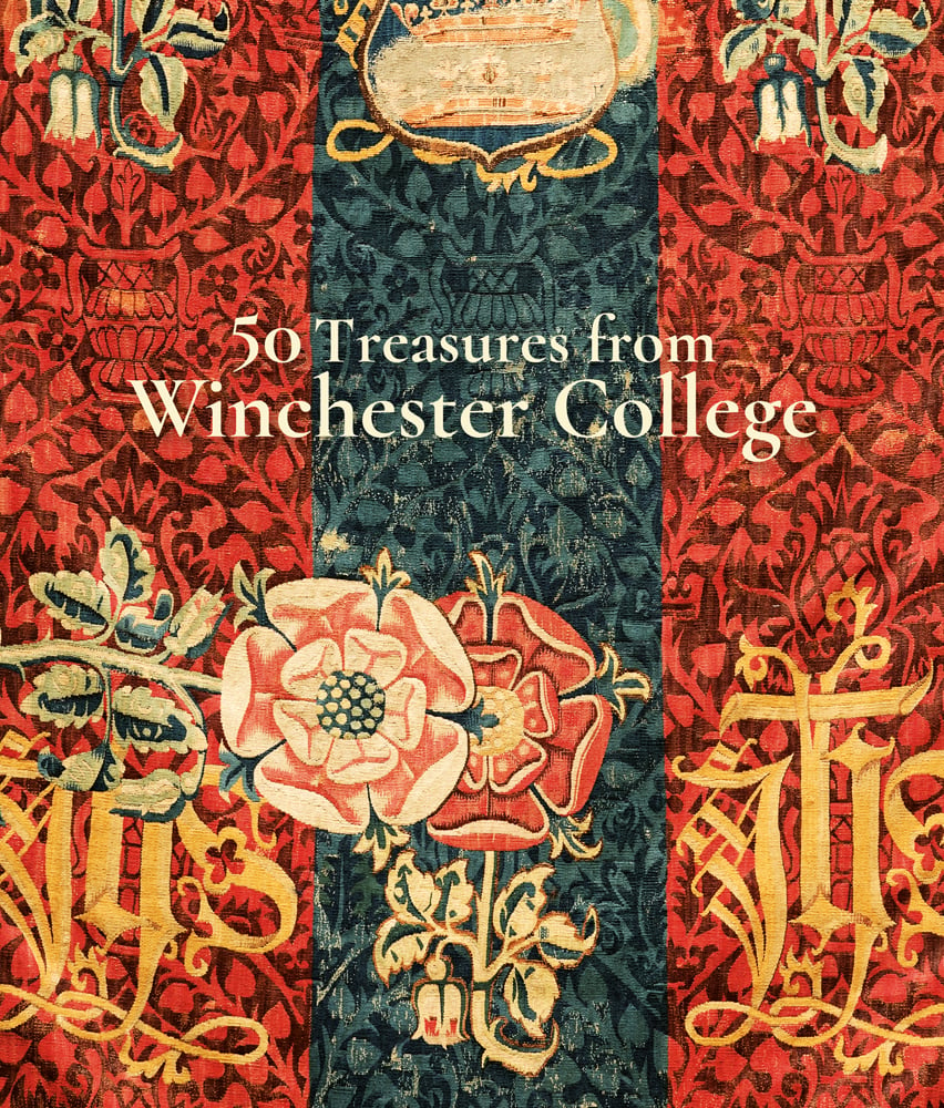 15th century Tudor rose tapestry, repeating vase and pomegranate pattern, 50 Treasures from Winchester College in cream font near centre.