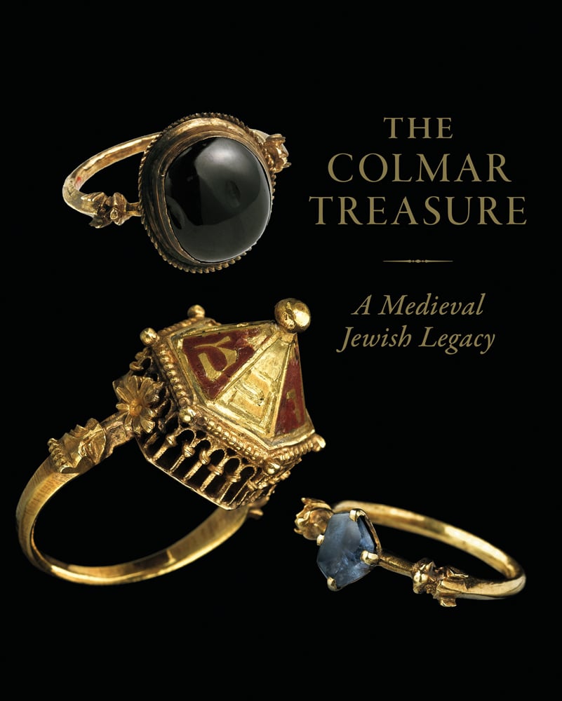 Jewish Ceremonial Wedding Ring, garnet ring and Sapphire ring from Colmar treasure, black cover THE COLMAR TREASURE in gold font above.