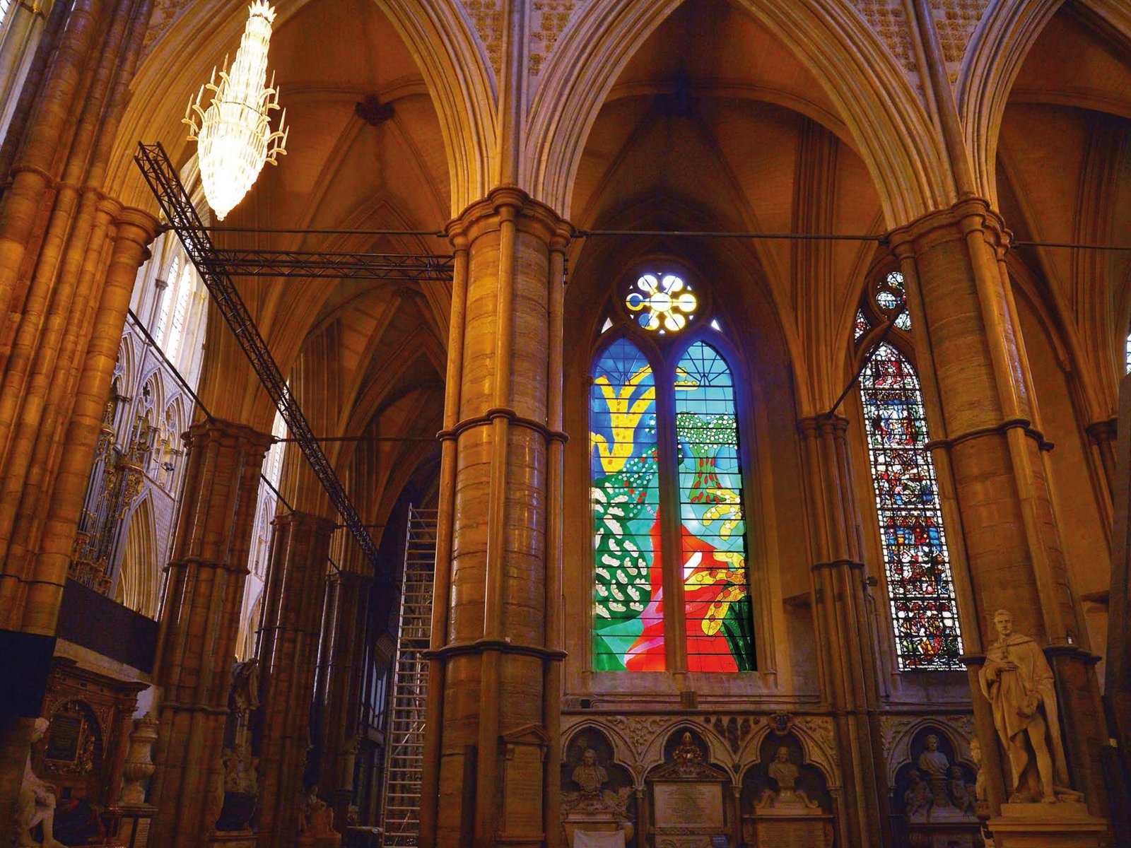 Stained glass design by David Hockney, The Queen's Window on black cover, The Queen's Window by David Hockney Westminster Abbey in green and white font to right