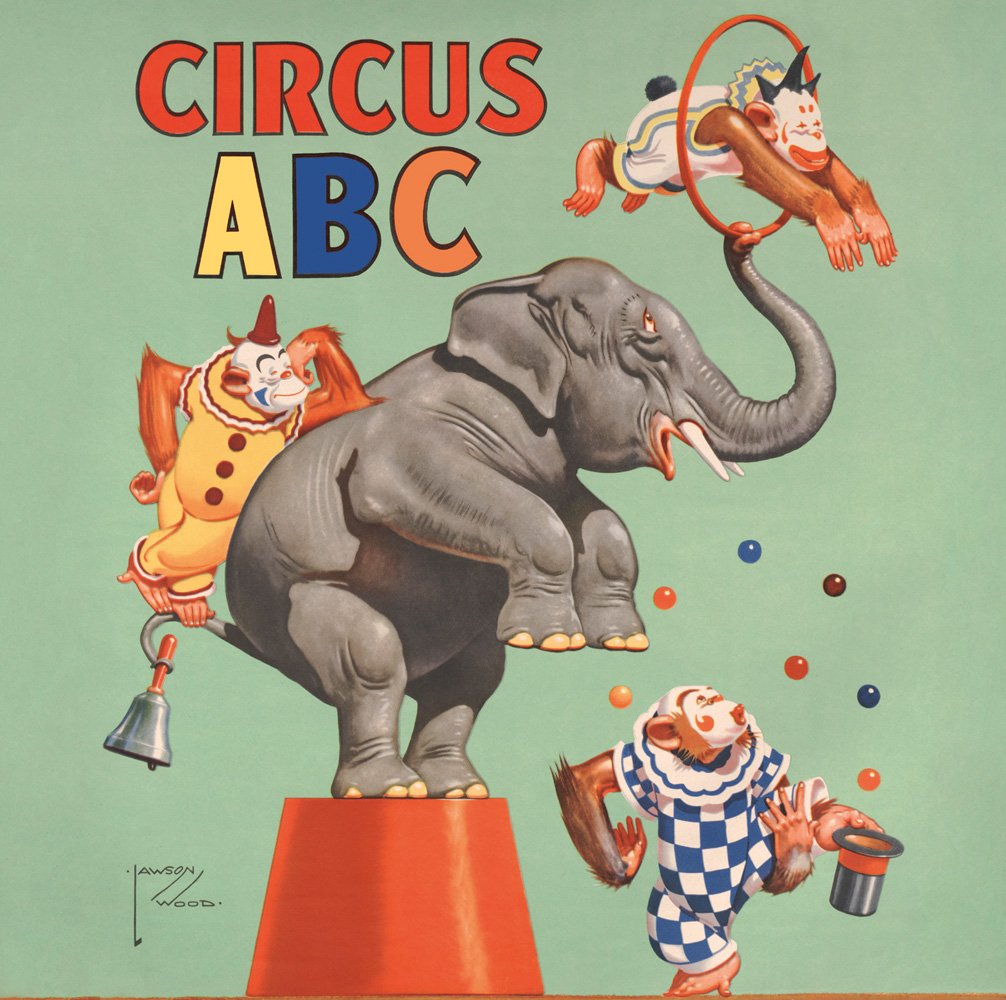Vintage print of grey circus elephant balancing on back feet on red bucket with 3 clown monkeys, Circus ABC in red, blue, yellow and orange font above.
