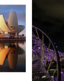 ArtScience Museum Singapore with wavy rainbow lights across cover, ArtScience Museum Singapore ART SPACES in white and black font on pale blue banner to upper right.