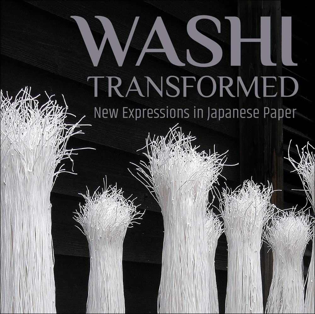 White strands as washi clumped together resembling trees with Washi Transformed New Expressions in Japanese Paper in pale purple