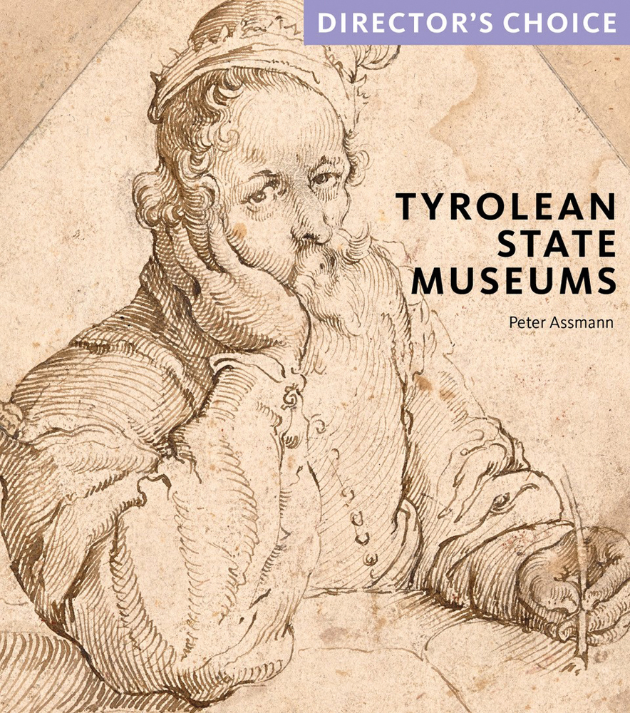 Sepia ink sketch of bearded man holding quill pen in left hand with Tyrolean State Museums in black font to right portion