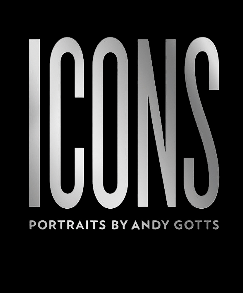 Black cover with ICONS Portraits by Andy Gotts in silvery white font