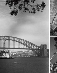 Landscape photo of Sydney Opera House surrounded by blue water, under evening sky, Sydney Opera House OFFICIAL SOUVENIR GUIDE in white font above.