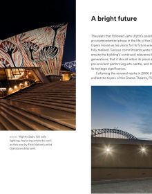 Landscape photo of Sydney Opera House surrounded by blue water, under evening sky, Sydney Opera House OFFICIAL SOUVENIR GUIDE in white font above.