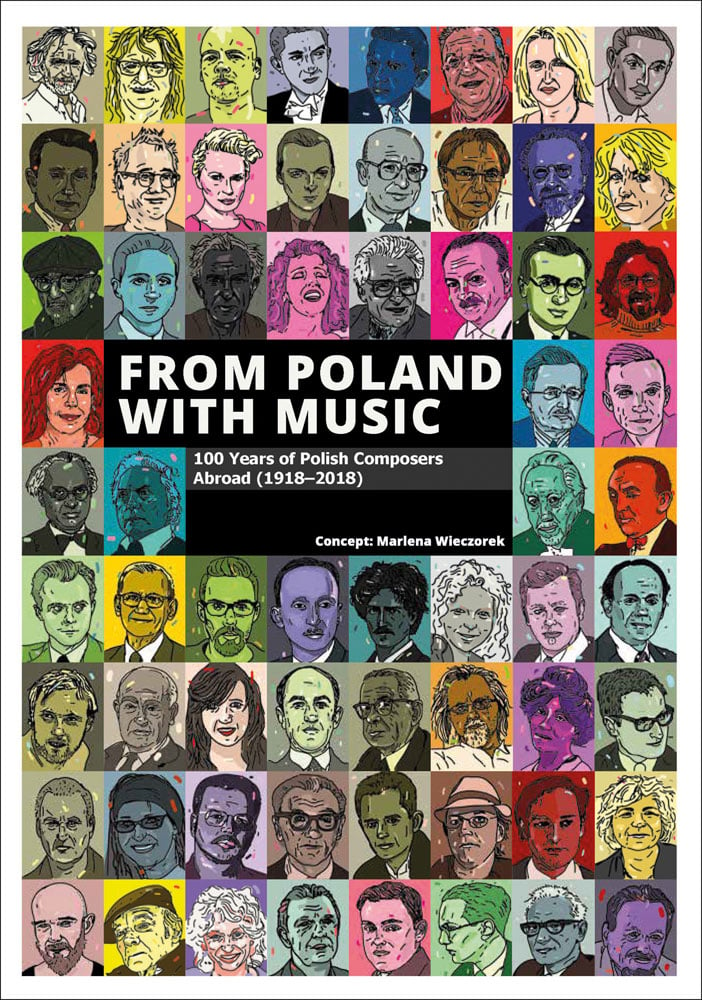 Small square multicoloured photo montage of heads of Polish composers with From Poland with Music in white font on black banner