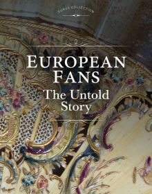 Close up edge of decorative hand fan, purple, blue and gold, European Fans The Untold Story in white font to centre