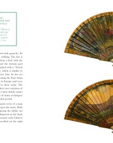 Close up edge of decorative hand fan, purple, blue and gold, European Fans The Untold Story in white font to centre