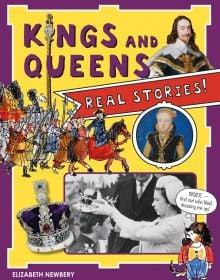 Queen Elizabeth II placing crown on the head of Charles, William the Conqueror above, on cover of 'KINGS AND QUEENS', by Scala Arts.