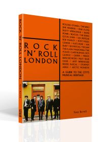 Book cover of Rock 'n' Roll London, with an early shot of Rolling Stones standing outside a London café. Published by ACC Art Books.