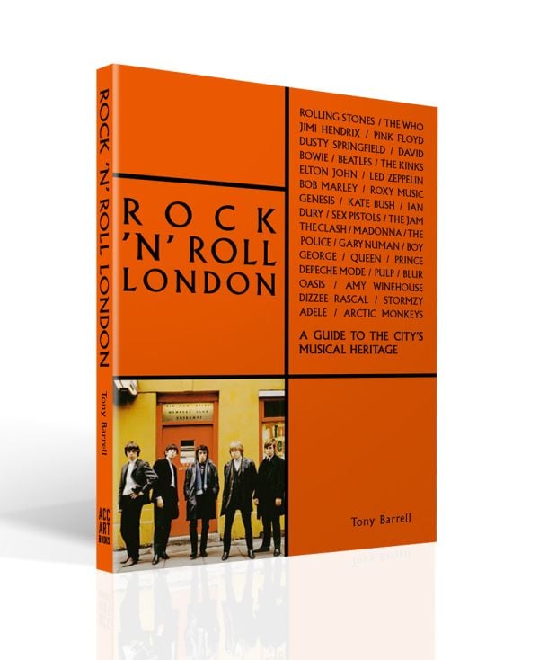 Book cover of Rock 'n' Roll London, with an early shot of Rolling Stones standing outside a London café. Published by ACC Art Books.