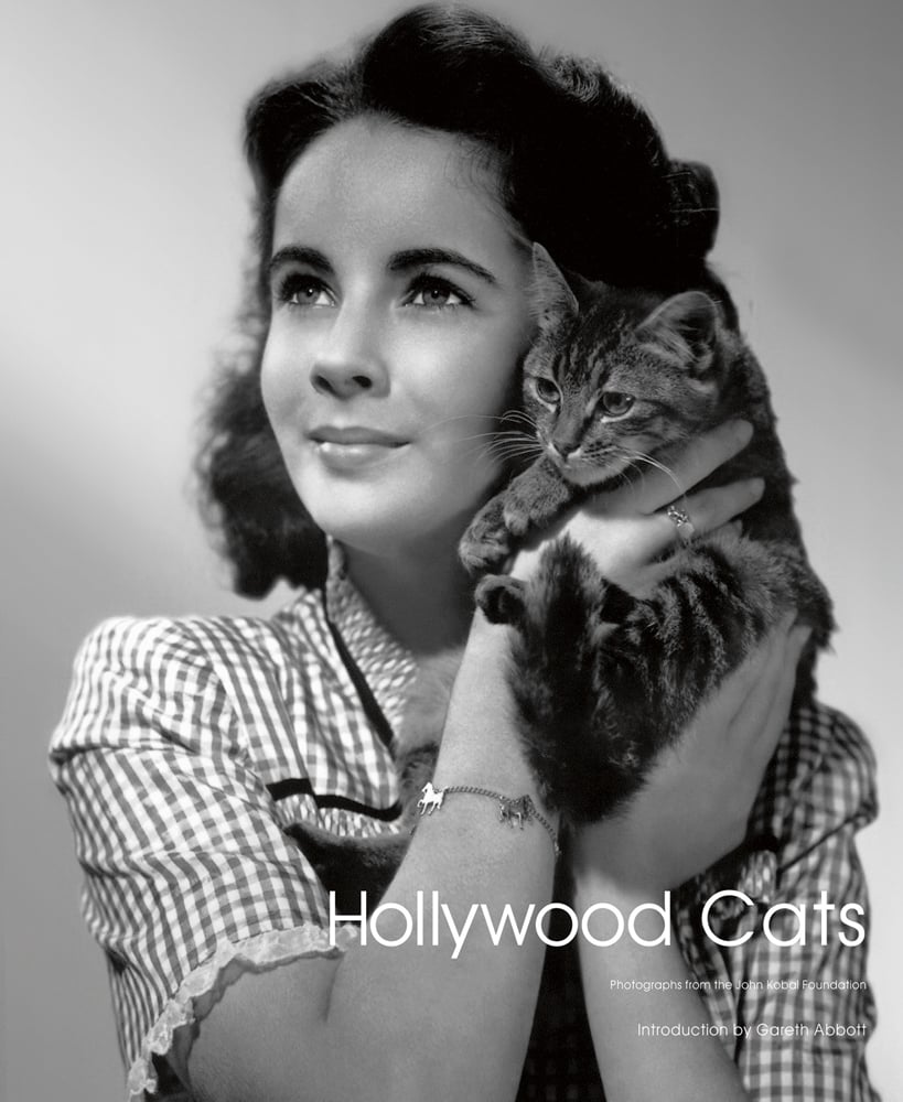 Black and white head and shoulders shot of a young Elizabeth Taylor holding a cat and smiling as she looks up with Hollywood Cats in white text below
